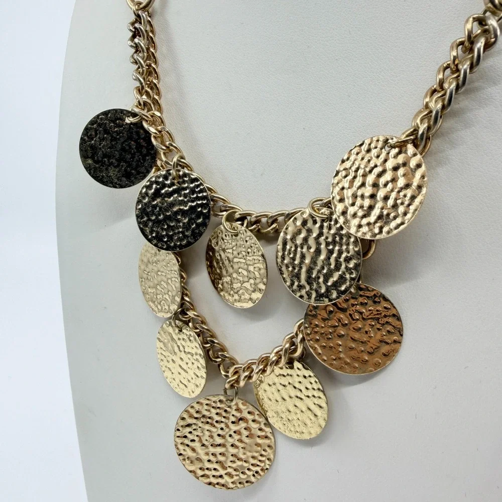 Vintage Boho Gold Tone Hammered Disc Bib Necklace Y2K Statement Chunky Chain